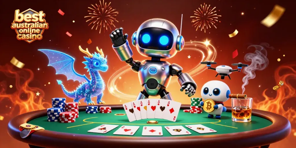 Engage in thrilling gameplay at the best australian online casino with dynamic visuals of poker and crypto elements.