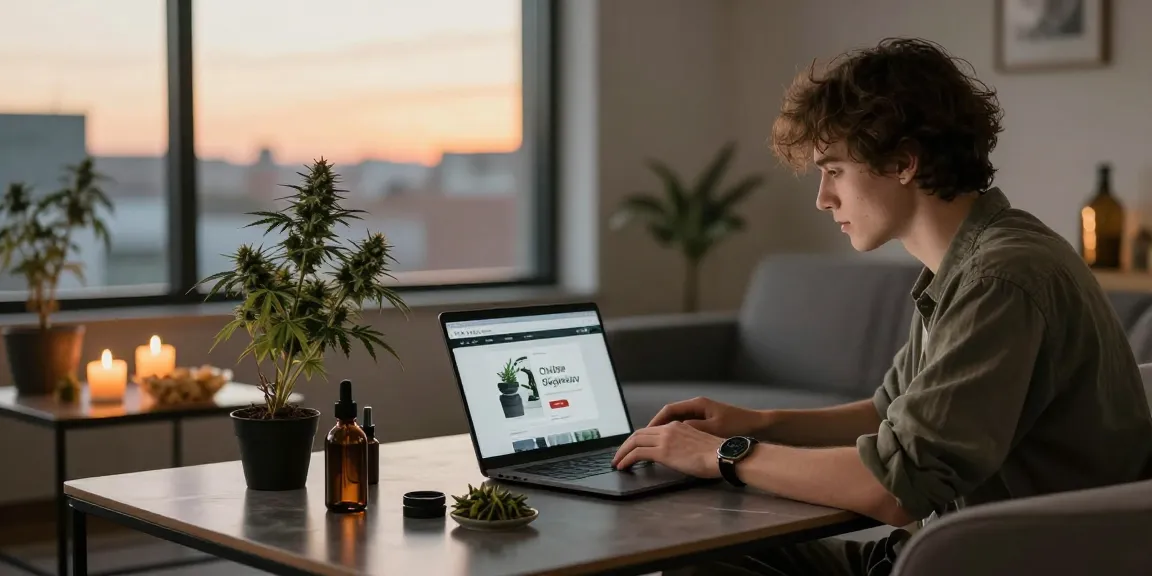 Is It Possible To Buy High Grade Marijuana Online In Germany? Yes, setup showing a young adult browsing cannabis products online in a cozy urban space.