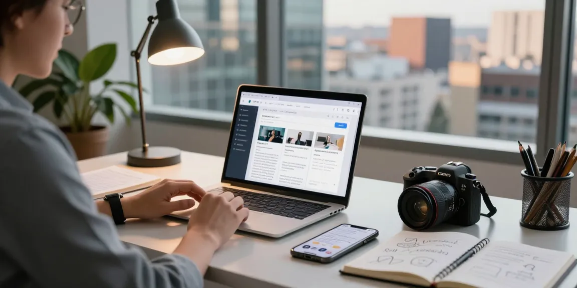 Engaging blogging workspace with a content creator in business casual attire; visit our blog for insightful tips.