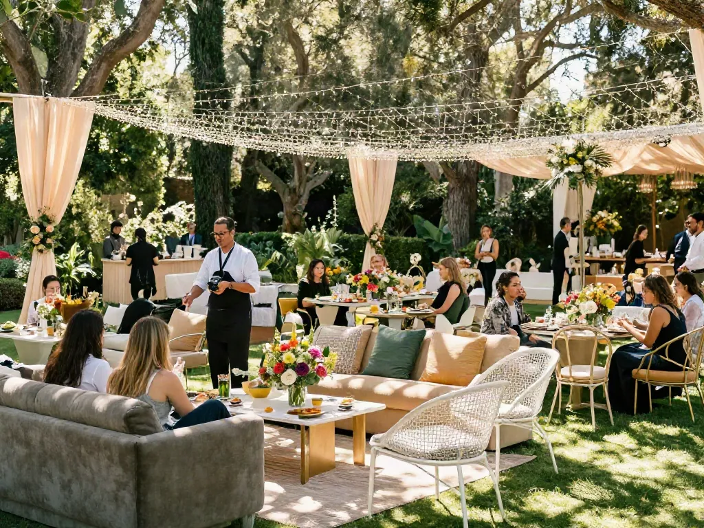 Event furniture rental setup in a stunning outdoor garden with stylish lounge furniture.