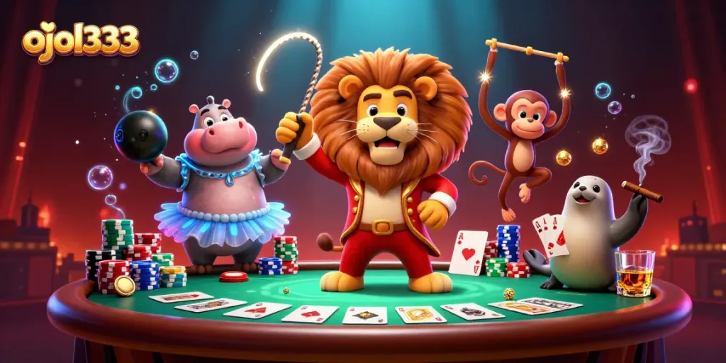 Engage with ojol333's vibrant casino scene featuring a lively circus ensemble and poker elements.