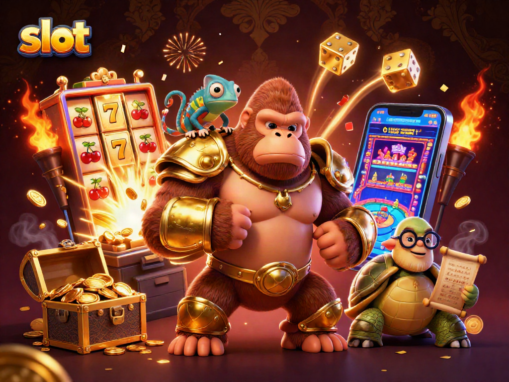 Watch the powerful gorilla king celebrate a big slot win amidst a whirlwind of jackpots and colors.