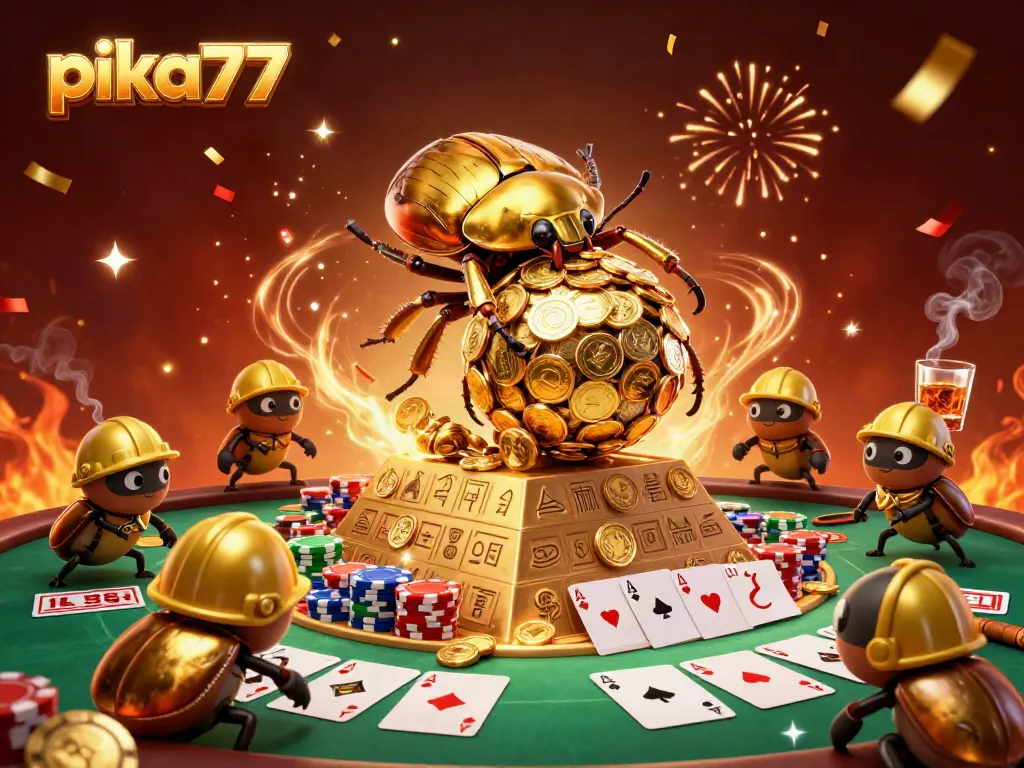 Pika77 showcases an exciting gambling scene with a golden beetle, casino elements, and vibrant celebratory effects.