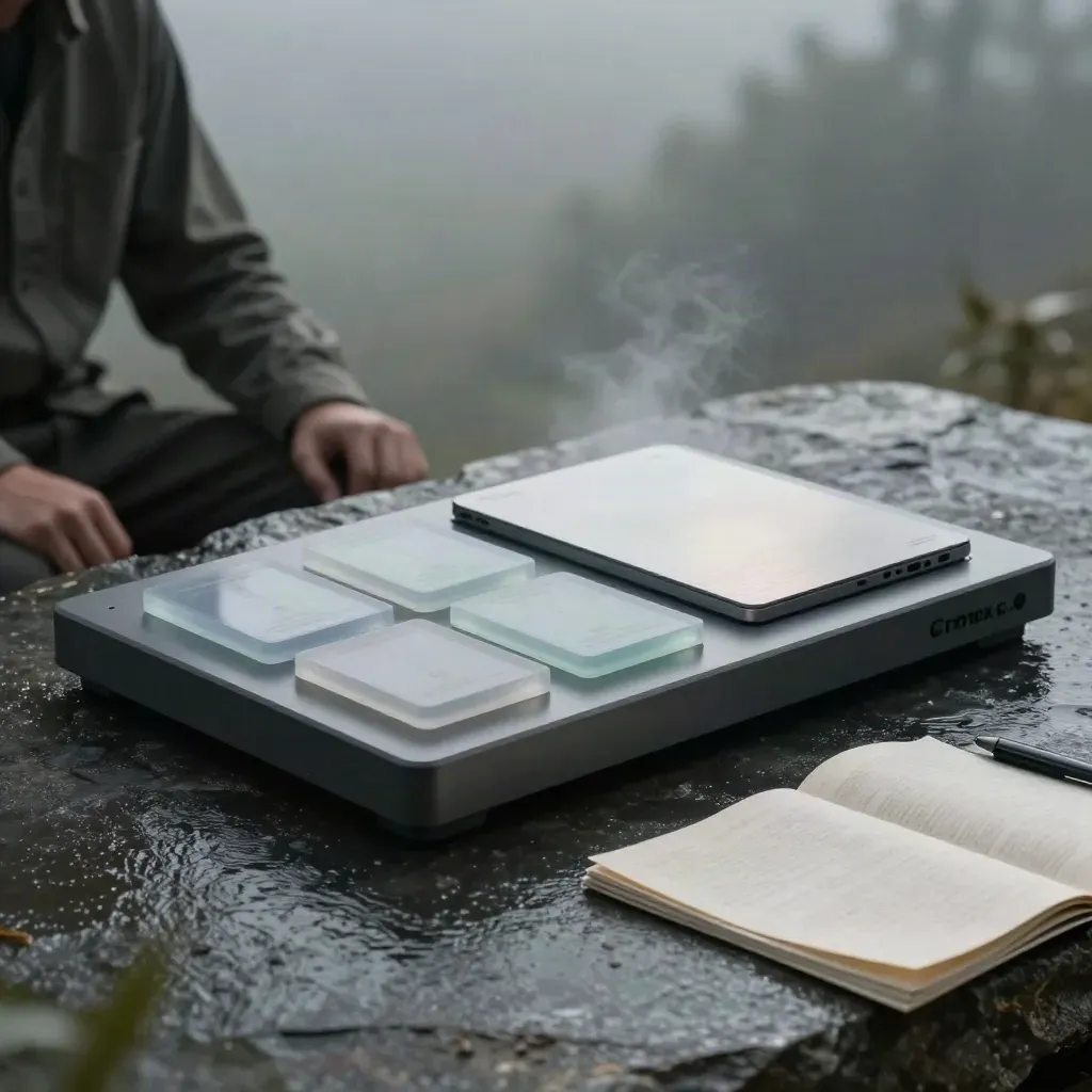 Graphite AI language suite core slab with translucent modules on rain-dark stone at blue hour
