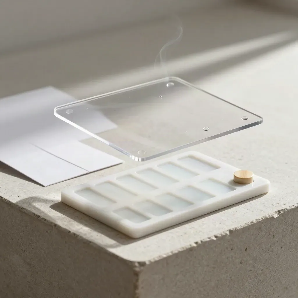 Floating translation product flatlay with stone plinth, chip tray, swatch strip, and token