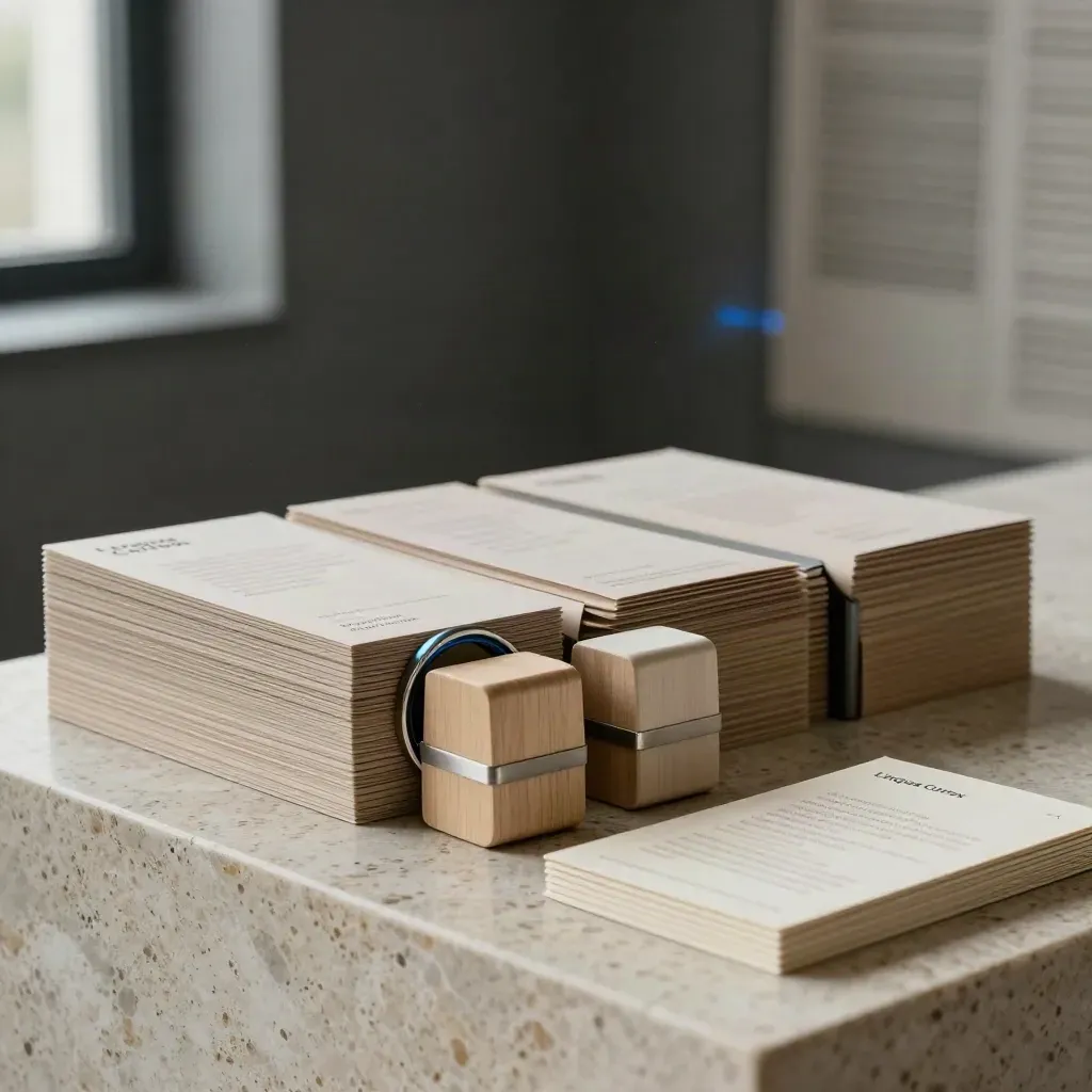Matte annual-plan cards and a metal ring on a stone ledge in a hazy archive corner.