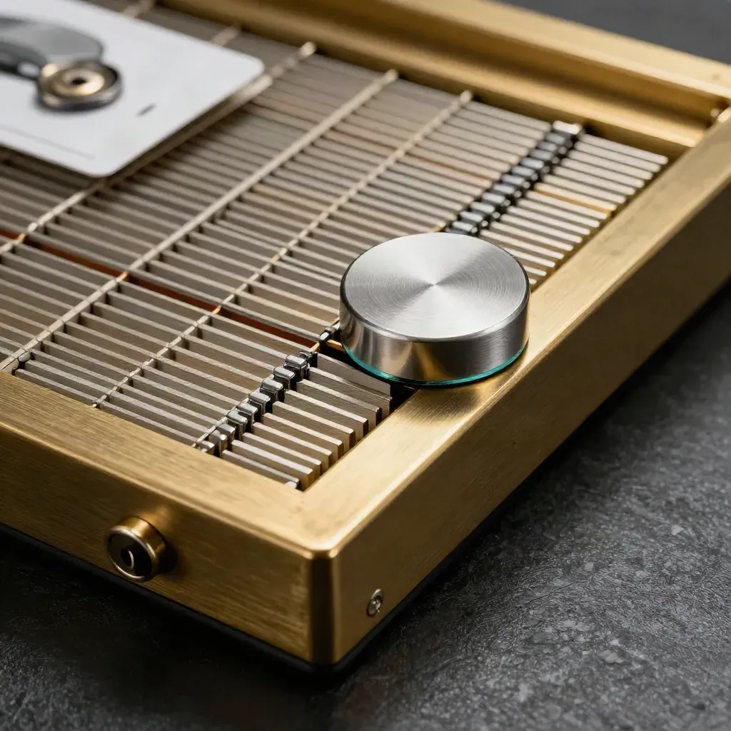Brass term bank vault with aligned index slats and ceramic puck on matte black stone