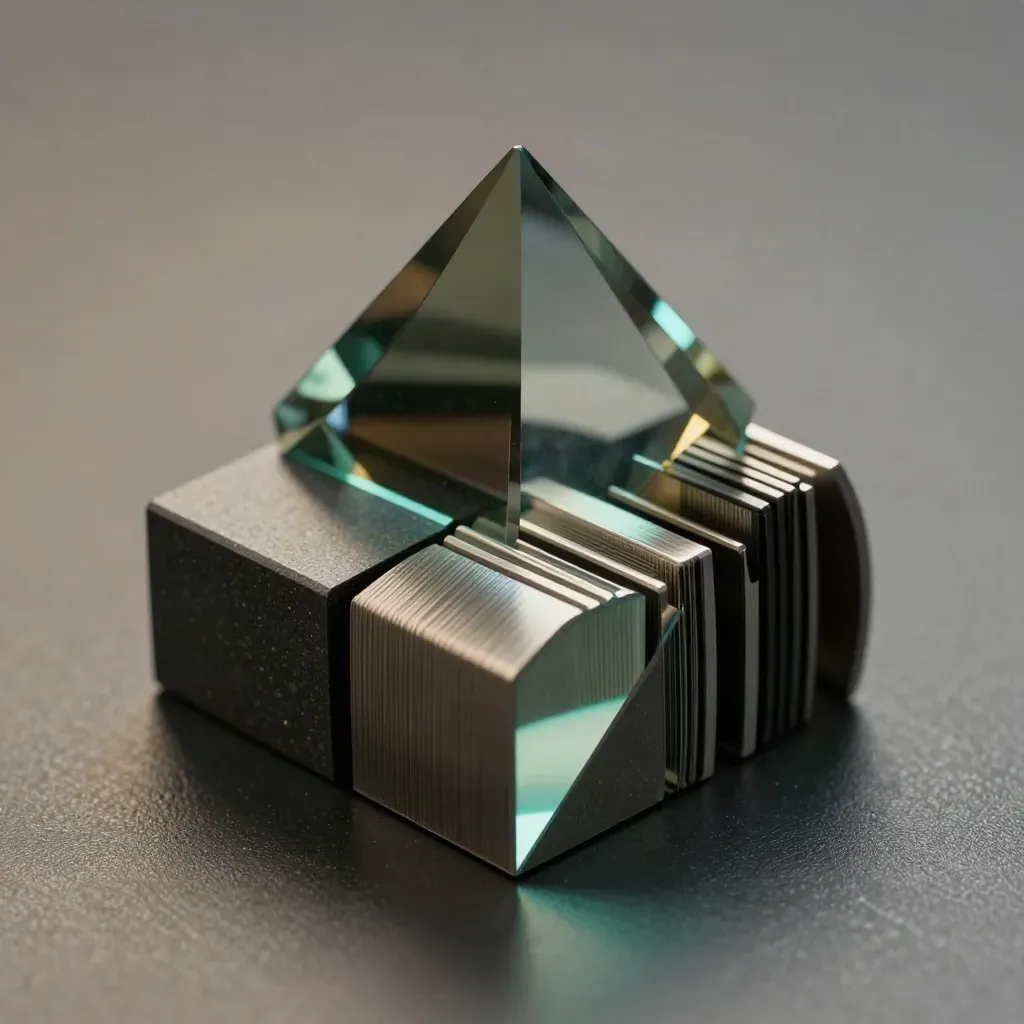 Macro of a faceted analytics unit with dark prism, matte block and signal bars in teal light.