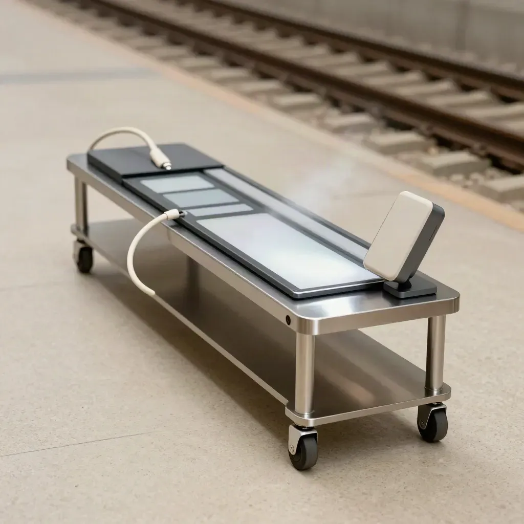 Unbranded workflow kit on a steel cart in a travertine corridor, with dust and faint vapor.