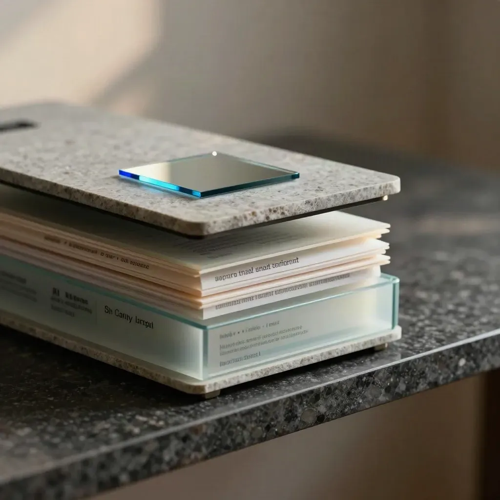 Stone-glass summary module with blue accent on travertine, in a soft-lit AI studio