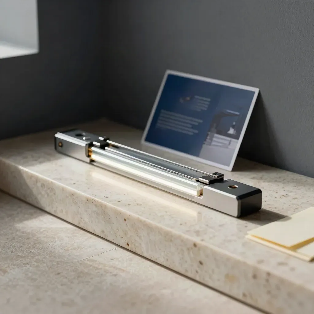 Satin-metal module on travertine with soft navy glow, correcting strip, and atmospheric studio light.