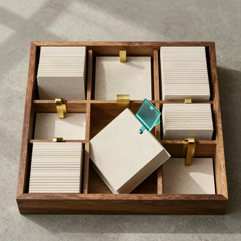 Overhead flatlay of stone divider cards, brass spacers, and a teal index block on warm stone.