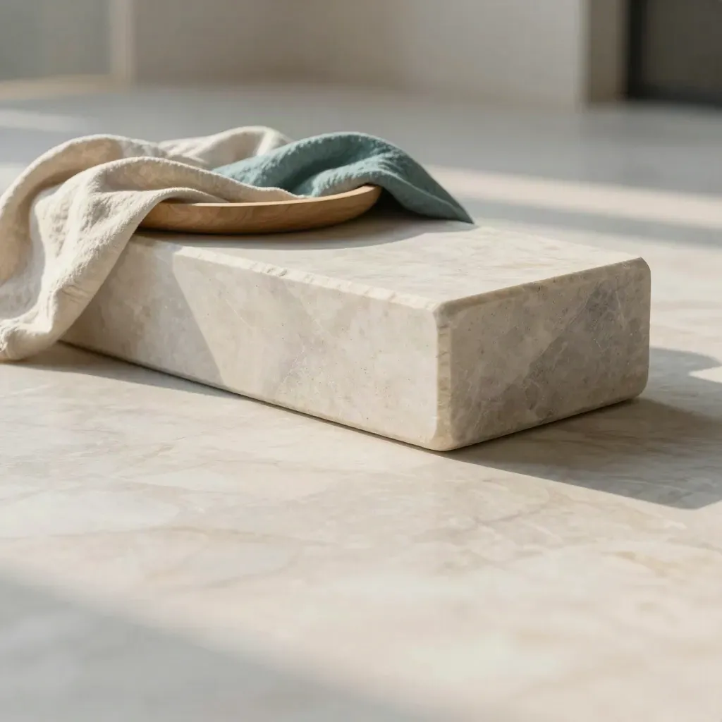 Sunlit marble terrace with stone block, wood tray, and linen forms in a calm architectural interior.
