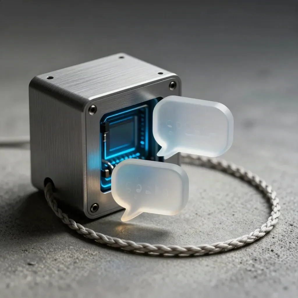 Macro of a relay cube, speech shards and cable loop on concrete with a faint blue glow.