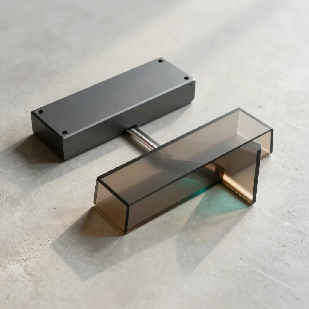 Overhead flatlay of graphite dashboard pieces with a teal translucent wedge on pale concrete.