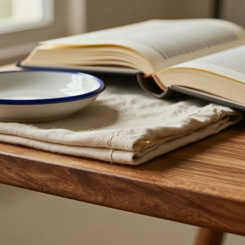 Cedar tabletop with linen, ceramic dish, and paper volume in soft window light