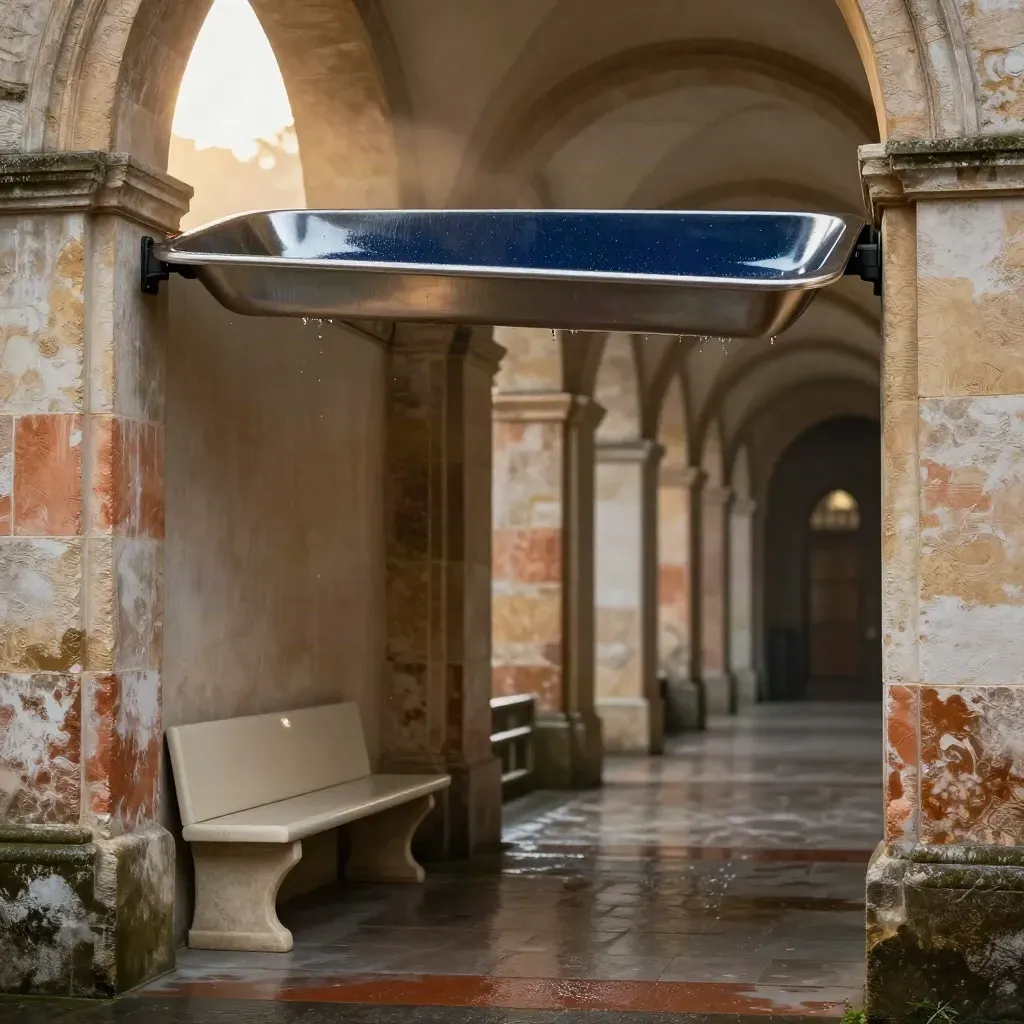 Rain-washed stone arcade with bench and tray in golden light, open copy space below