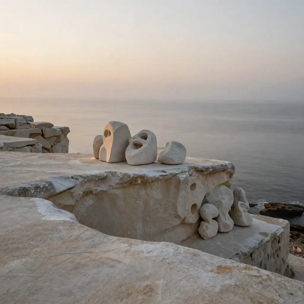 Coastal limestone overlook at dusk with quiet open horizon and pale abstract stone forms.