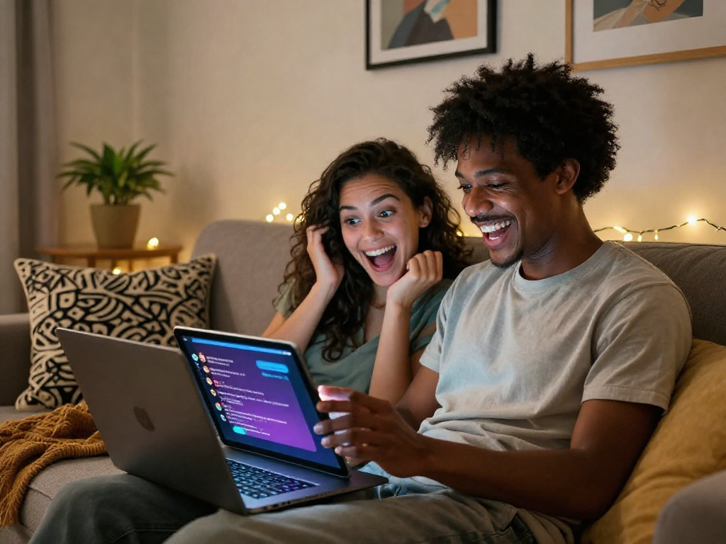Free AI sex chat engaging couple having fun in a cozy living room.