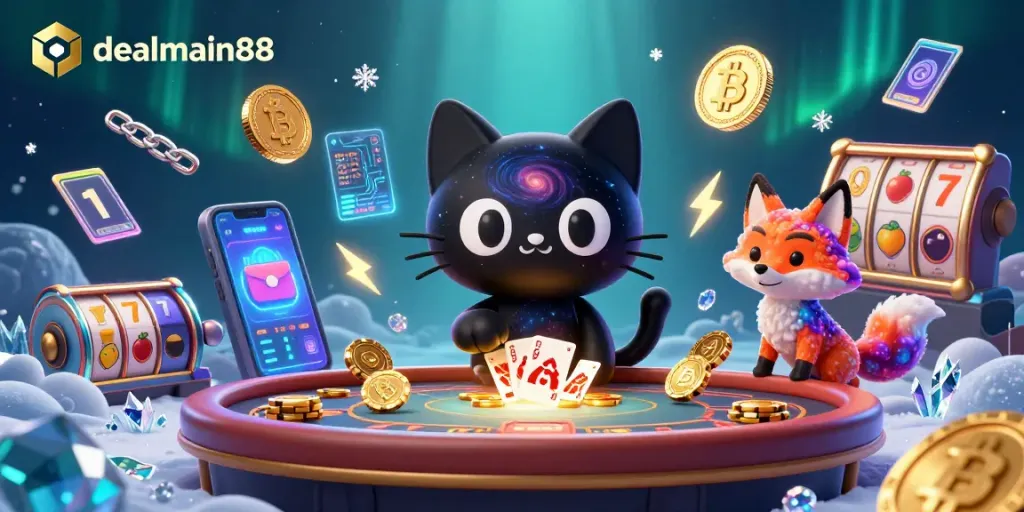 Experience the thrill of dealmain88 at a vibrant cosmic casino with a charming black hole cat.