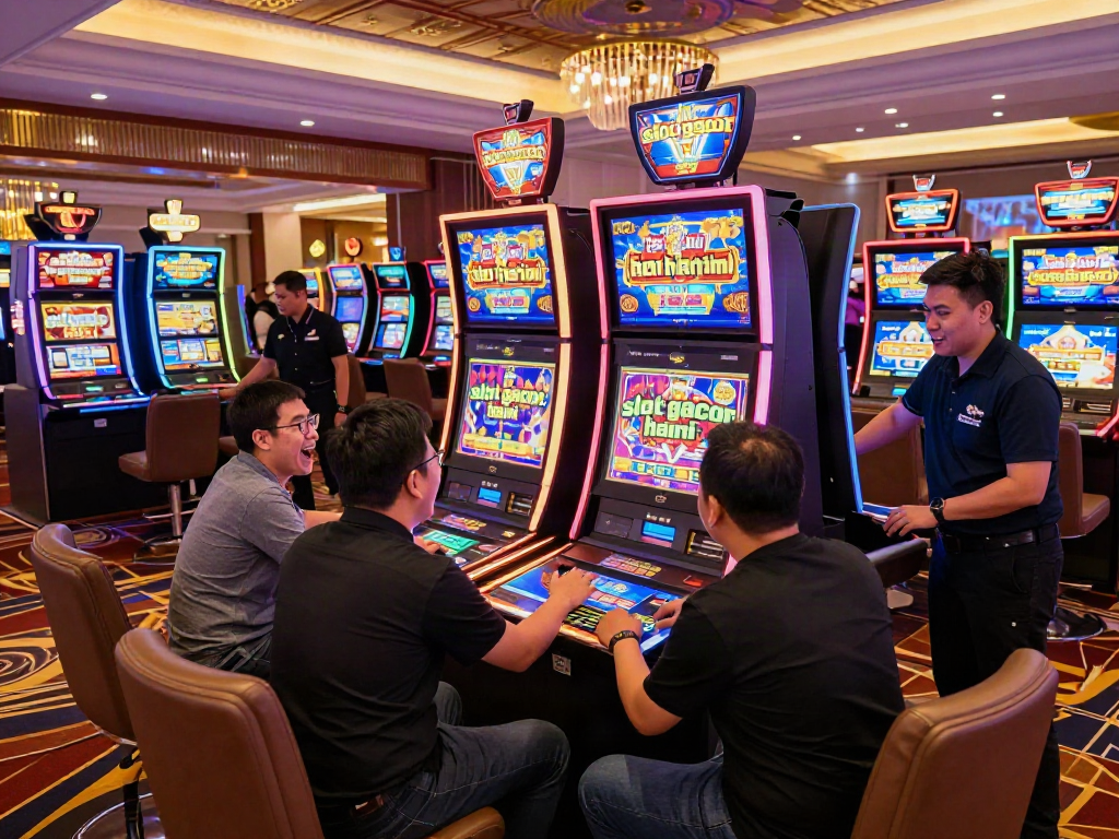 Exciting scene of players enjoying slot gacor hari ini in a bustling casino