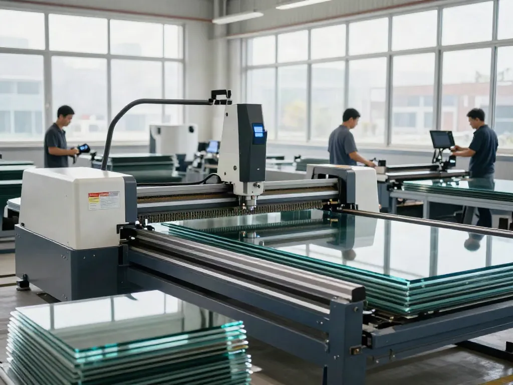 Glass machine manufacturers at work in a bright facility, showcasing cutting-edge equipment and skilled labor.