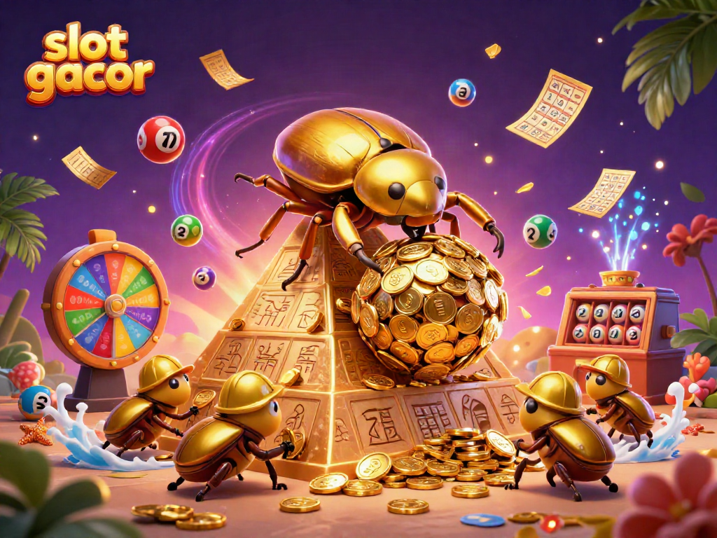 Experience the excitement of slot gacor with a vibrant 3D scene full of gaming elements.