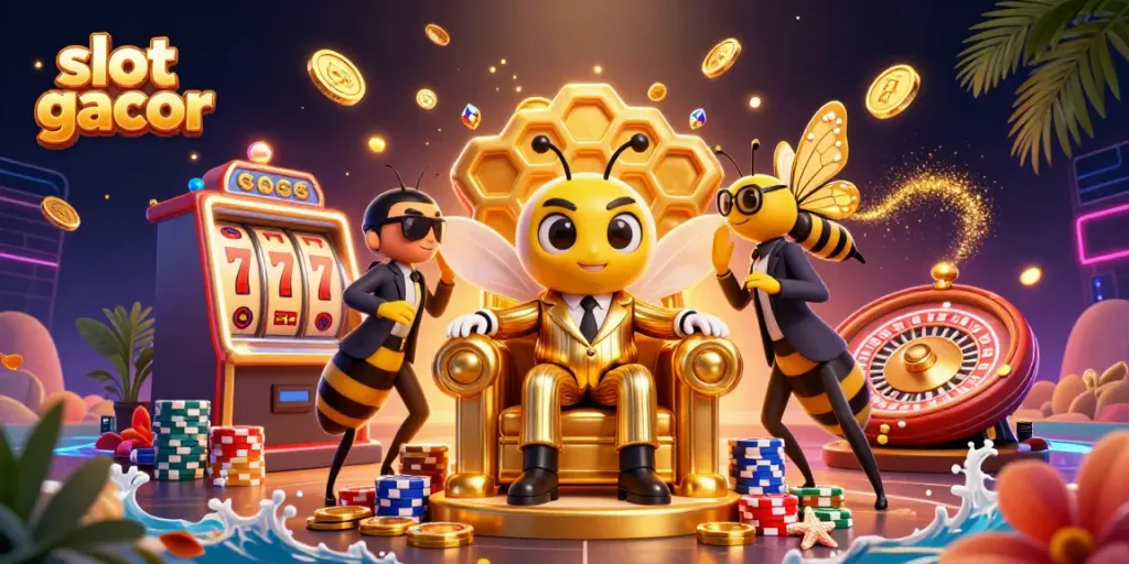Experience the thrill of slot gacor with an animated scene featuring a mob boss and casino elements.
