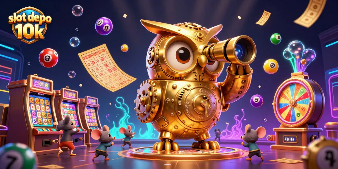 Engage with thrilling slot depo 10k games alongside whimsical characters in a vibrant casino scene.