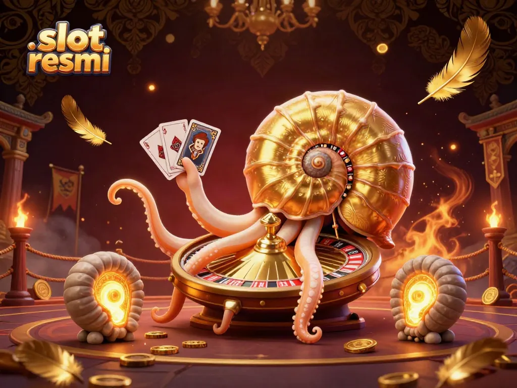 Experience slot resmi in a vibrant 3D illustration featuring a giant nautilus and golden gaming elements.