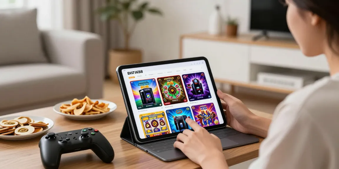 Pengunjung menjelajahi produk BATIK88 dengan tablet dalam suasana ruang tamu yang nyaman.