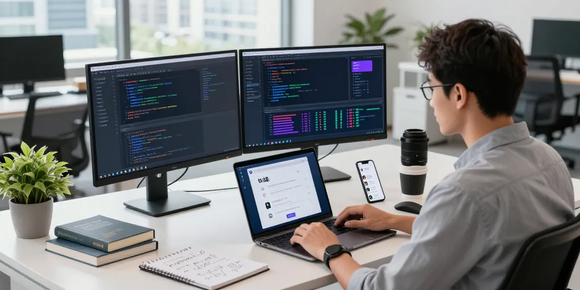 快连 network acceleration app development scene in a modern tech workspace, showcasing vibrant code and a focused developer.