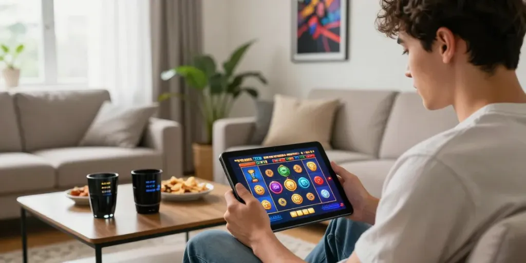 Player engaged in an exciting slot game on a tablet in a cozy living room.