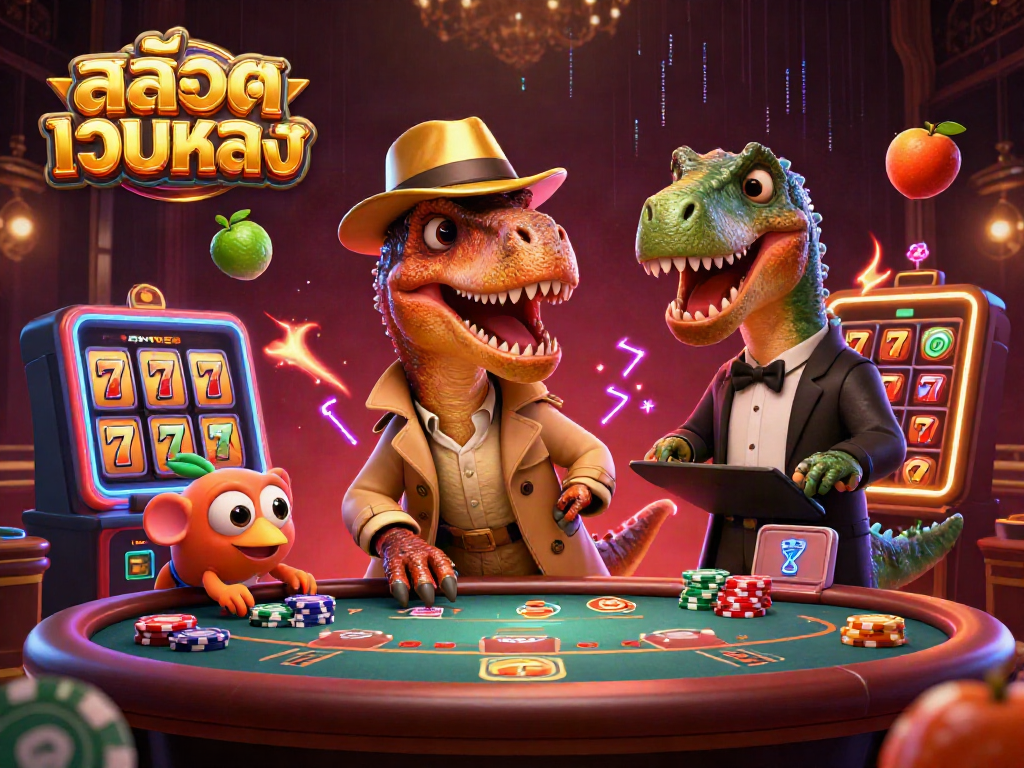 Engage with thrilling สล็อตเว็บตรง game action featuring a velociraptor and stegosaurus at a vibrant casino scene.