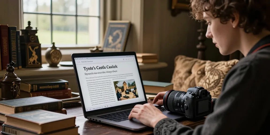 Engaging reader on https://tyntescastle.com exploring Tynte's Castle history with artifacts in cozy atmosphere.