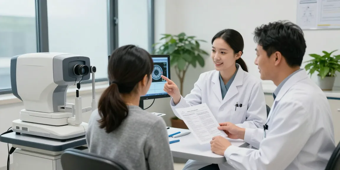 Consultation at SNU Eye Clinic illustrates Koreksi Penglihatan with patient and doctor discussing eye care.