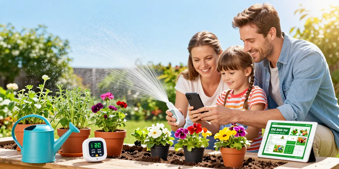 Family using RainPoint WiFi water timer in a vibrant garden, showcasing smart watering technology.