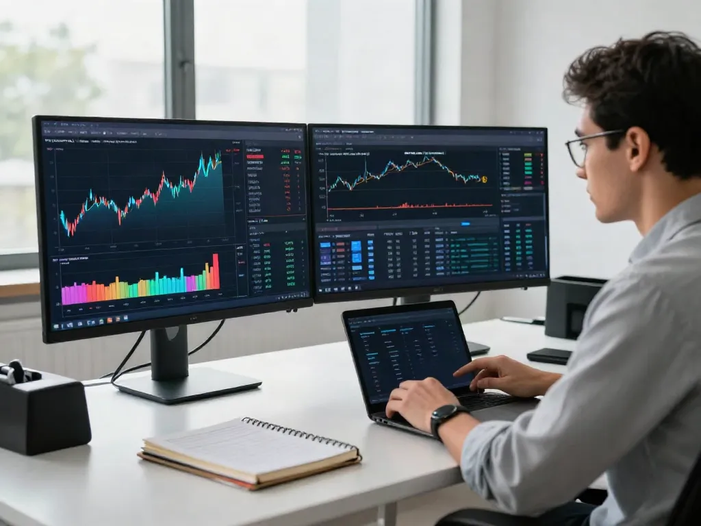 Trader analyzing financial charts with TradingView in a modern workspace