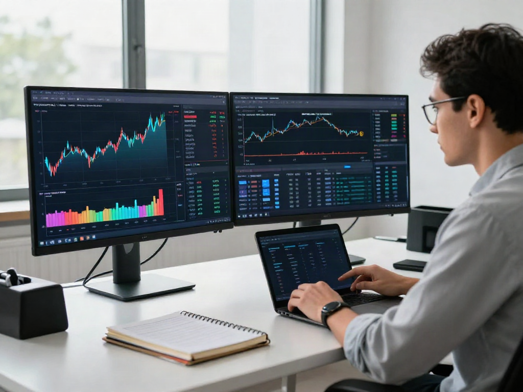 Trader analyzing financial charts with TradingView in a modern workspace