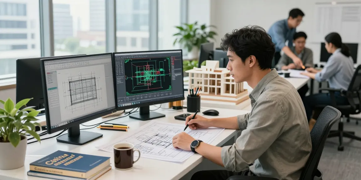 Structural engineer Missouri analyzing blueprints in a modern office with CAD screens and collaborative workspace.