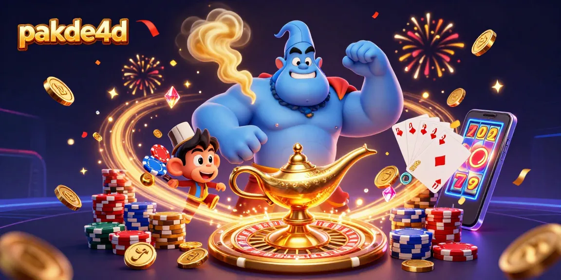 Engage with pakde4d's vibrant casino magic featuring a blue genie, poker chips, and dynamic gaming elements.
