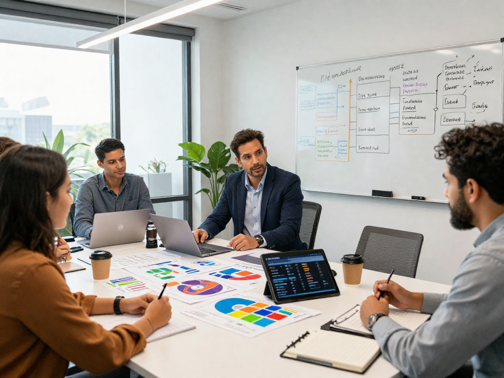 Team strategizing streaming ads for political campaigns in a bright office.