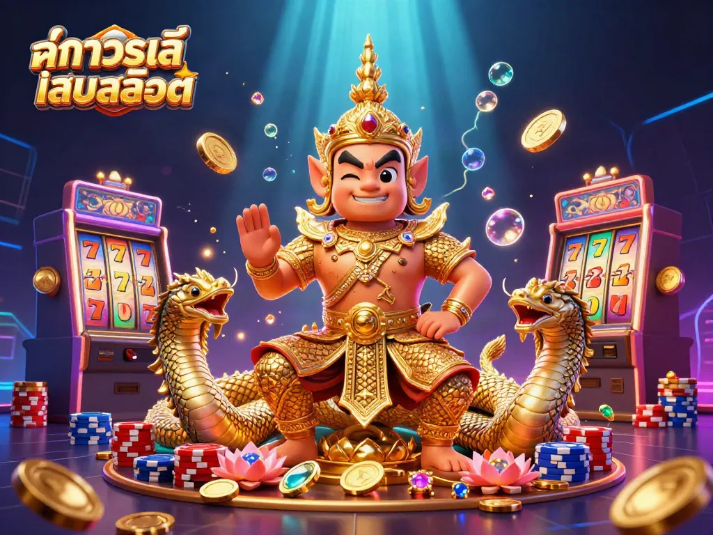 ทดลองเล่นสล็อต ในภาพการ์ตูน 3D ของยักษ์ไทยพร้อมเหรียญทองและลูกเต๋า