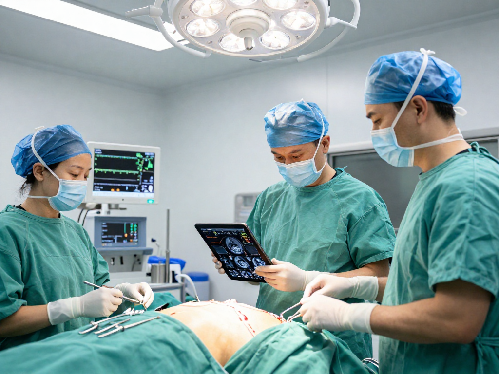 Images showcasing dar kanal ameliyatı preparation with surgical team and advanced medical equipment in a bright operating room.