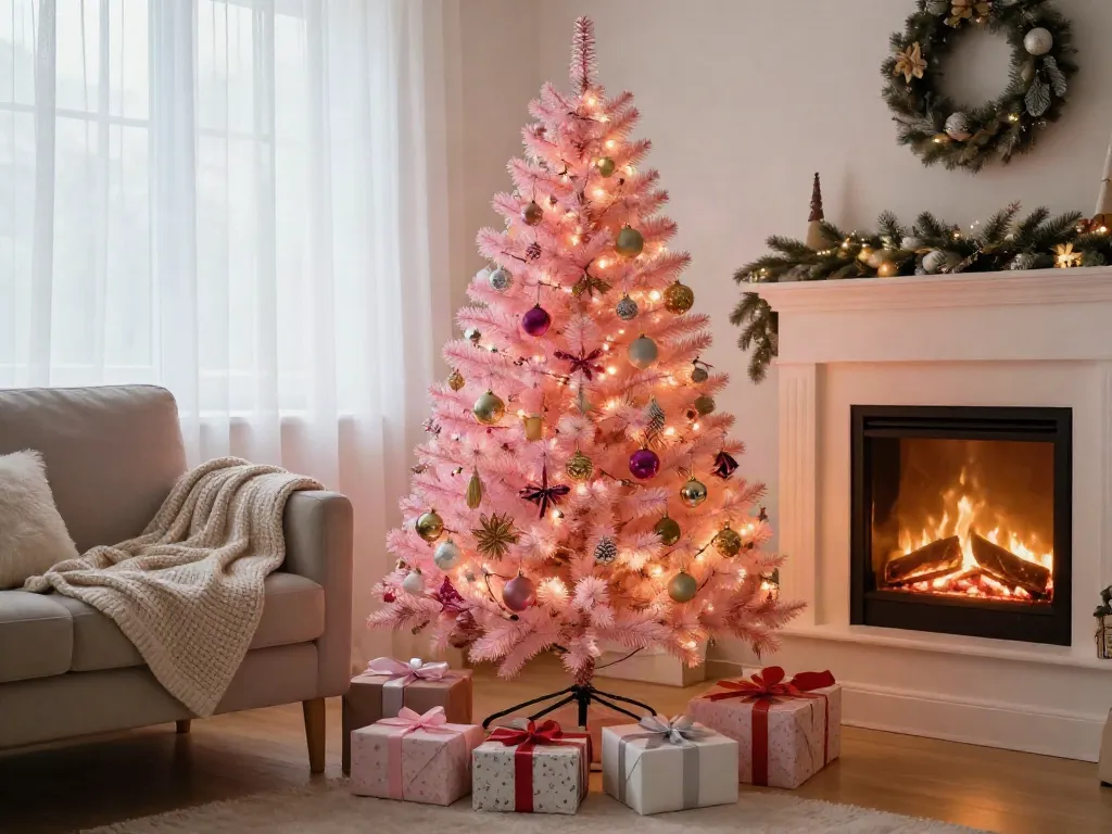 Small pink Christmas tree decorated with lights in a cozy living room for the holidays.