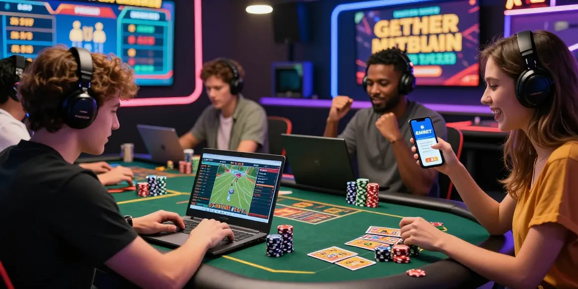 Exciting gaming scene with players enjoying sports betting at https://shbet.cruises/ surrounded by vibrant atmosphere and modern technology.