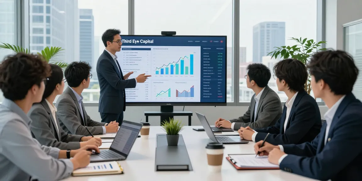 Analysts at Third Eye Capital collaborating on financial strategies in a modern office.