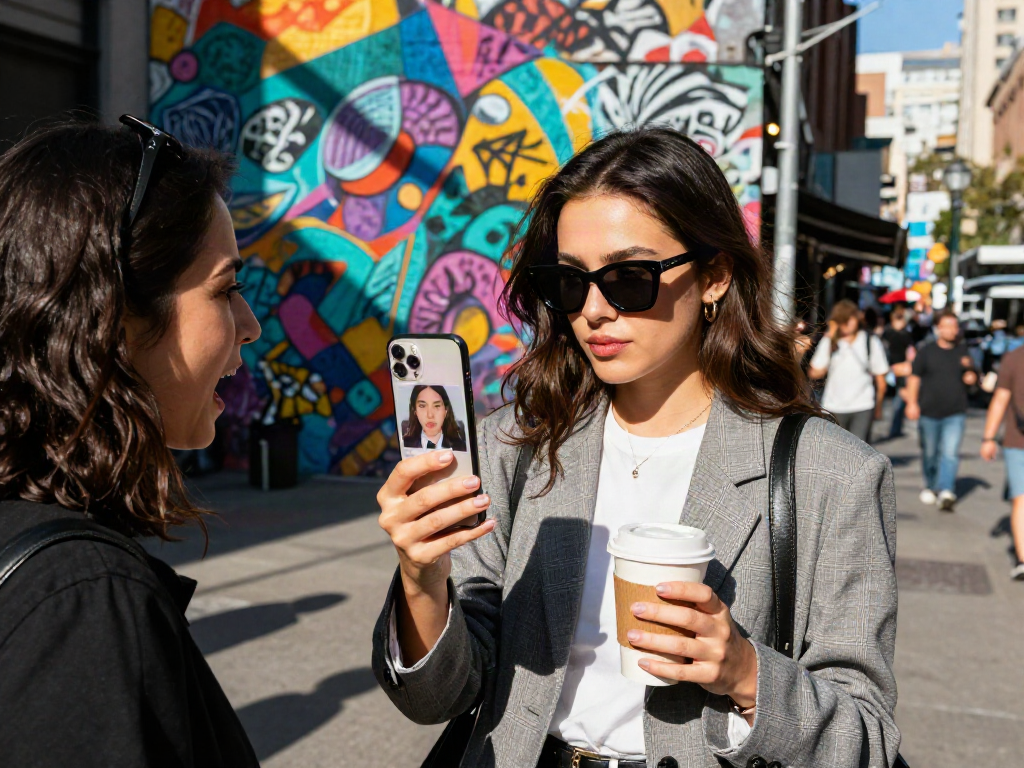 Discover which celebrity I look like app in an urban lifestyle scene.