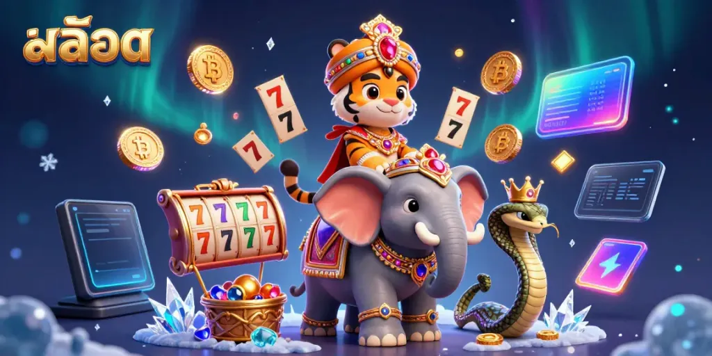 Engage in thrilling สล็อต adventures with this vibrant 3D casino scene featuring a maharaja tiger and lucky symbols.