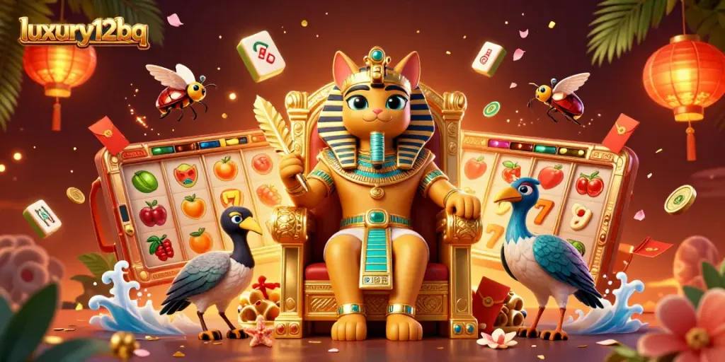 Permainan slot seru di luxury12bq dengan karakter Pharaoh dan harta gemilang.